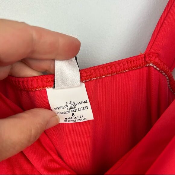Badgley Mischka One Piece Wide Strap Swimsuit Red Ruched Sweetheart Crossover 8 - Picture 8 of 14